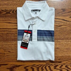 Pebble Beach White Polo with Navy and Gray Chest Stripe